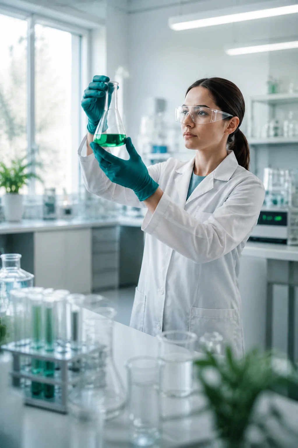 Laboratorijska strokovnjakinja z zaščitnimi očali pregleduje zeleno raztopino v bučki.